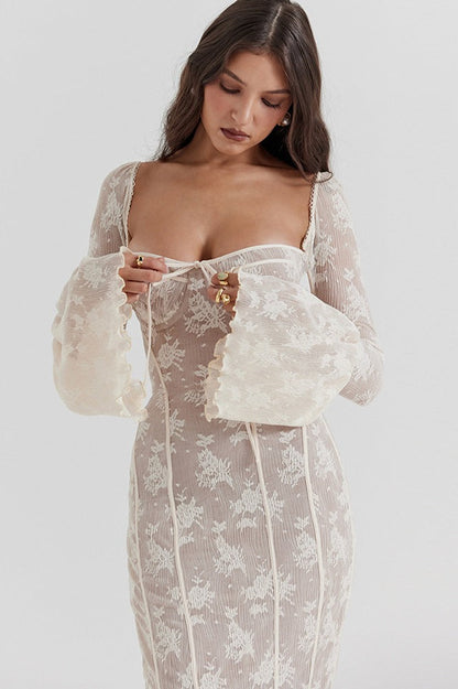 Bodycon Lace Flare Sleeve Maxi Dress