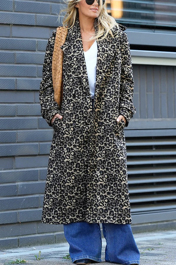 Leopard Affair Animal Print Epaulettes Long Sleeve Pocketed Lapel Midi Trench Coat