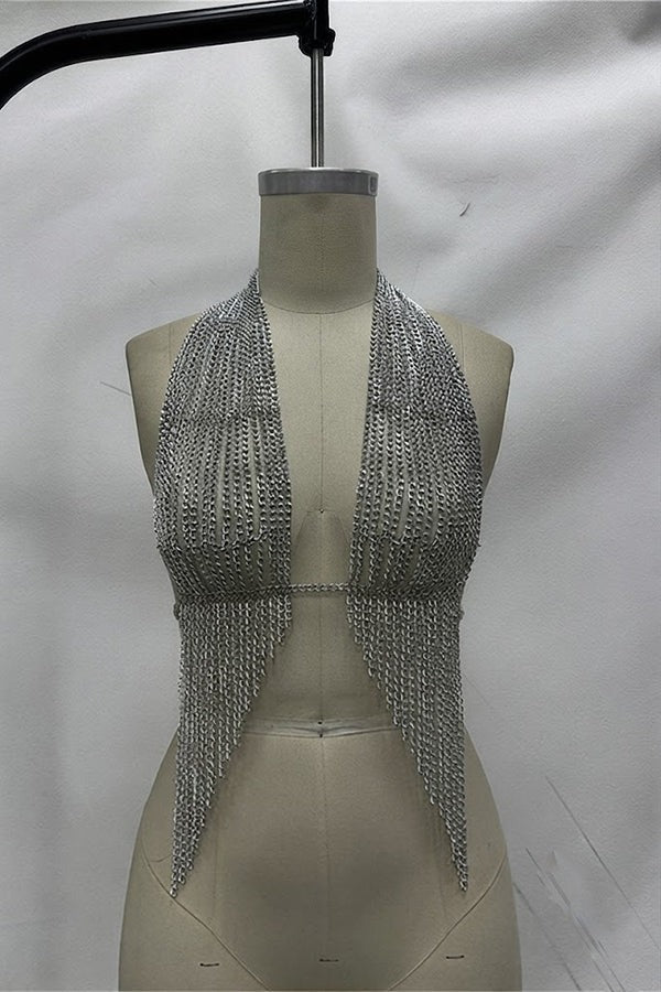 Silver Chainmail Tassel Halter Top Body Chain