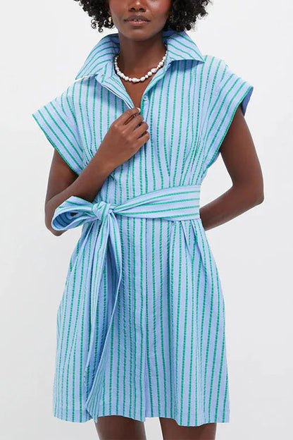 Short Sleeves Button Down Tie Waist Striped Mini Dress