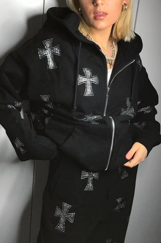 Cross Rhinestone Full-Zip Loose Hoodie