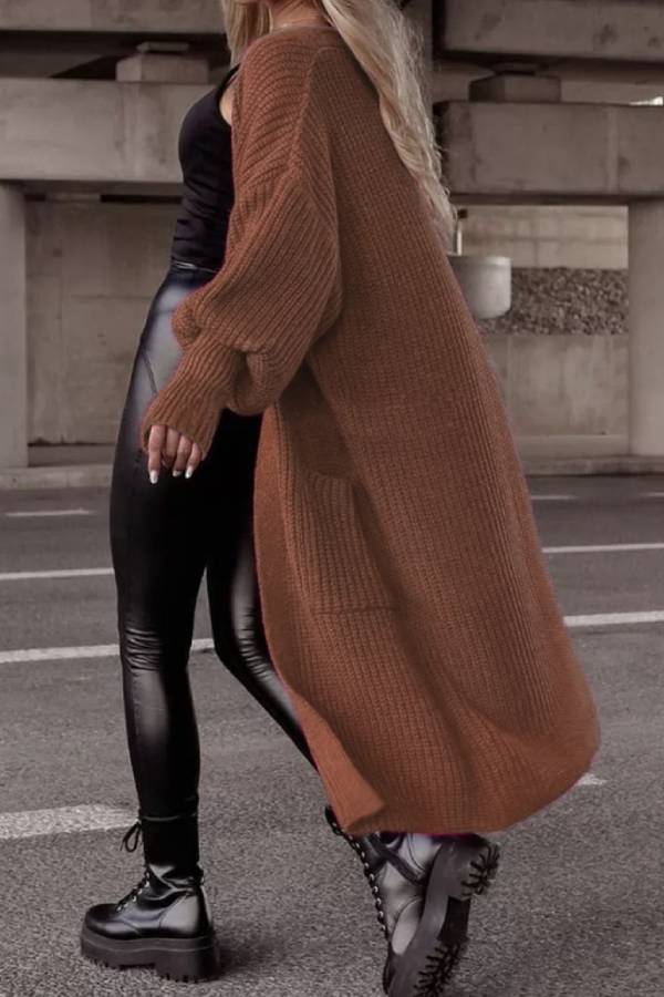 Lantern sleeve loose long knit cardigan