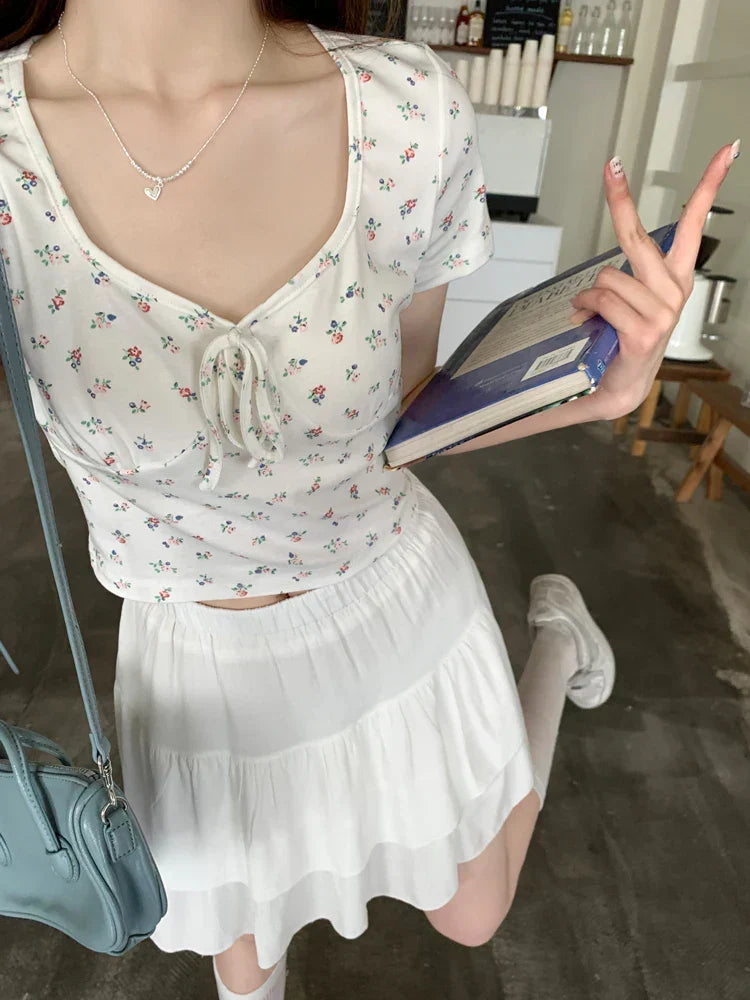 Ditsy Floral Print Tiered Ruffle Elastic Waist Mini Skirt