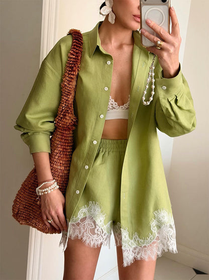 Lace-Trim Resort Shirt & Shorts Set