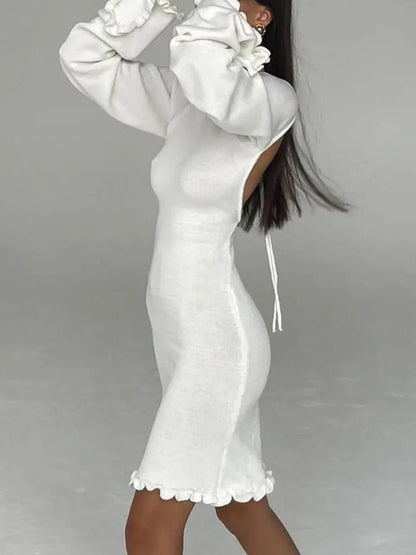 Ribbed Knit Scoop Neck Flared Sleeve Lettuce Edge Hem Bodycon Mini Dress