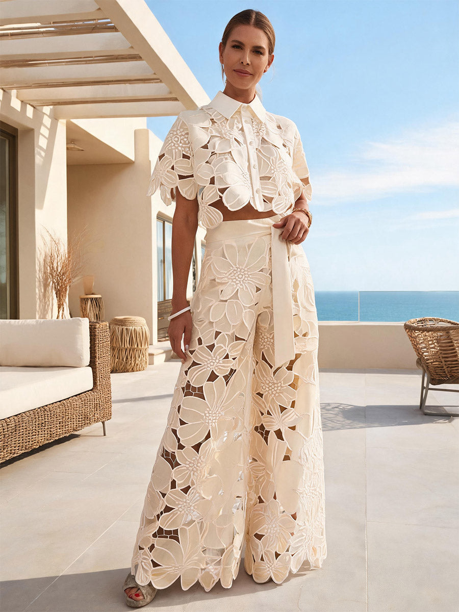 Openwork Bloom Shirt & Pants Set