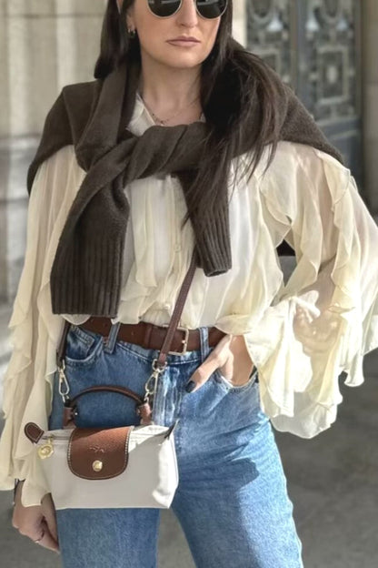 V-Neck Multi-Layer Ruffle Chiffon Lantern Sleeve Blouse