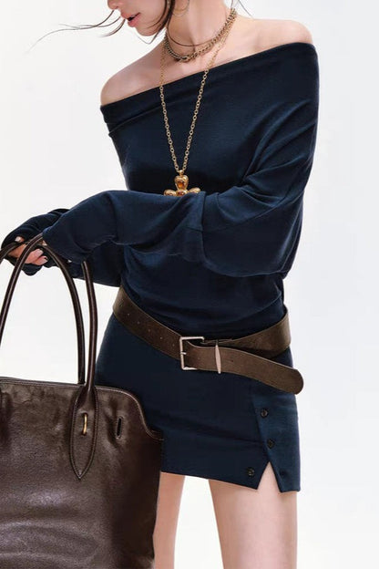 Batwing Sleeve Ribbed Knit Paneled Sweater Dress