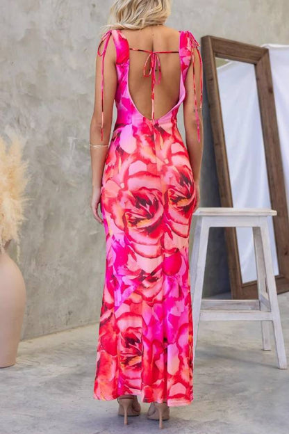 Cowl Neck Tie-Back Waist-Cinched Bodycon Maxi Dress