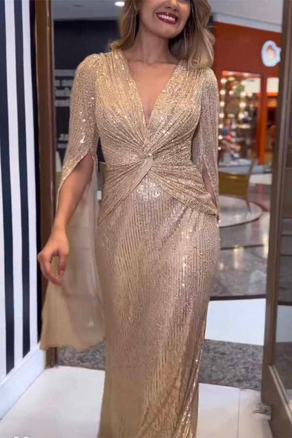 Deep V-Neck Twist Waist Sequin Cape Sleeve Column Maxi Gown