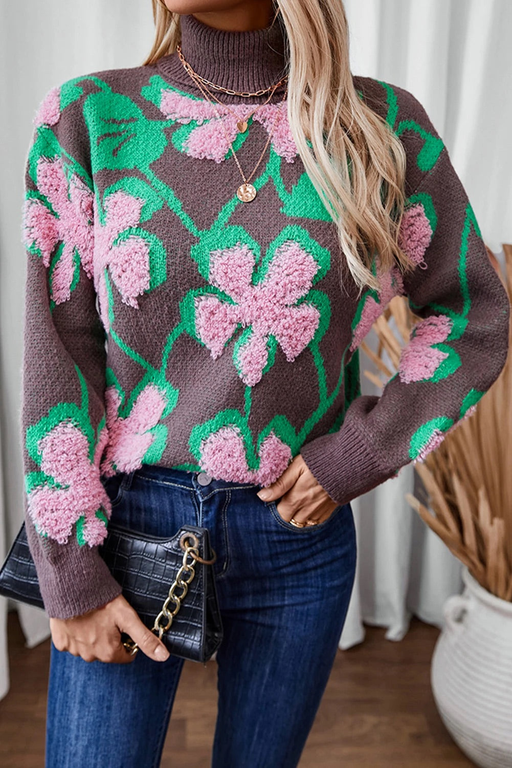 Pink Plush Floral Collar Loose Pullover Sweater