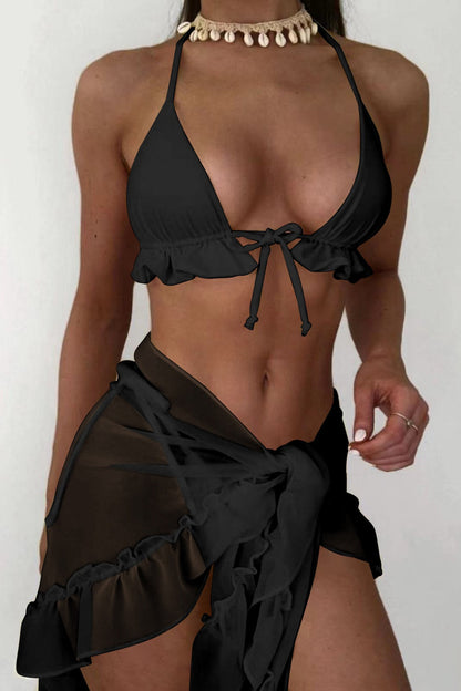 Ruffle Halter Tie Mesh Ruched Three Piece Swim Set