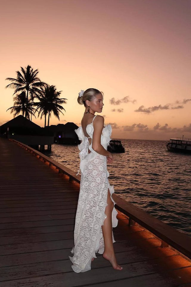 Lace Split V Neck Backless Ruffled Boho Dress