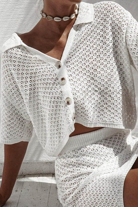 Knit Short Sleeve Crochet Skirt Set
