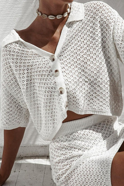 Knit Short Sleeve Crochet Skirt Set