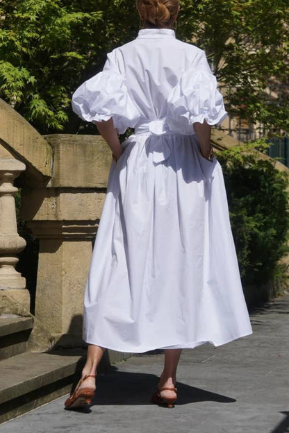 Stand‑Collared Puff Sleeve Tie‑Waist Shirt Midi Dress