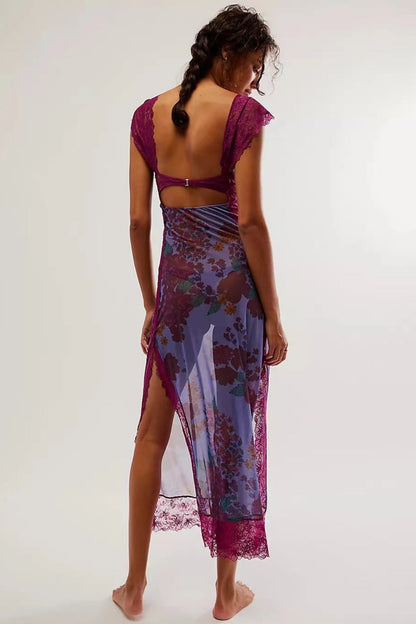 Lace Patchwork Strap Backless Slit Maxi Floral Dress