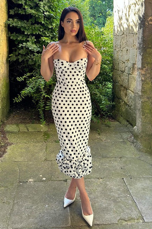 Polka Dot Cami Lace Trim Waist Tie Midi Dress