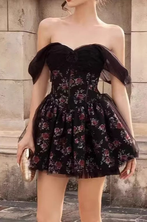 Off Shoulder Mesh Bubble Sleeve Mini Floral Dress
