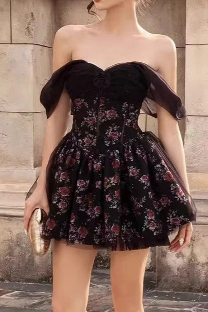 Off Shoulder Mesh Bubble Sleeve Mini Floral Dress
