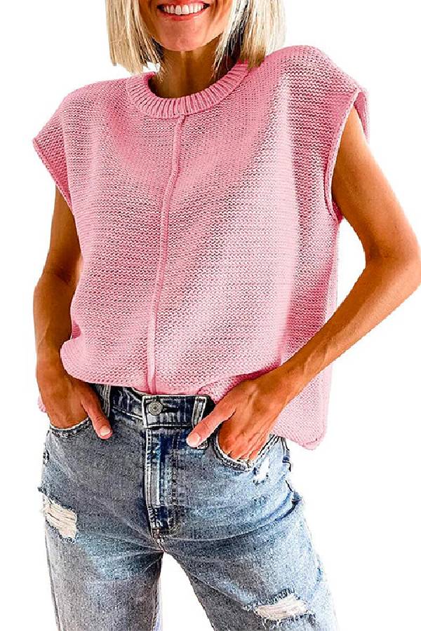 Crewneck Cap Sleeves Pullover Sweater