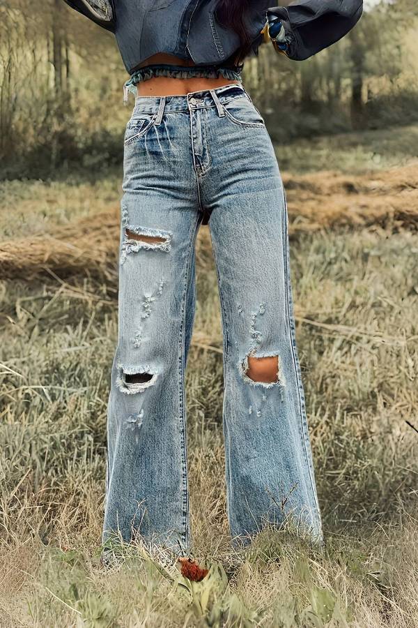 Light Blue Washed Distressed High-Waisted Wide-Leg Jeans