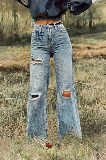 Light Blue Washed Distressed High-Waisted Wide-Leg Jeans