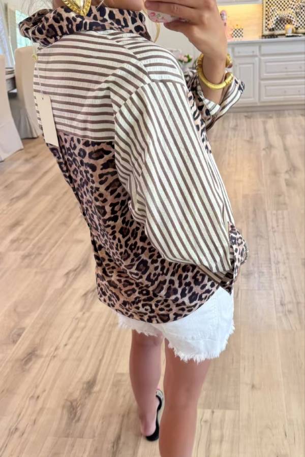 Stripe & Leopard Patchwork Collared Loose Long Sleeve Shirt
