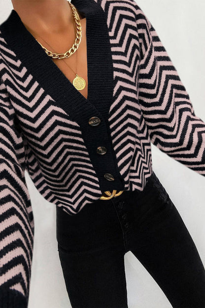 Long Sleeve V Neck Open Front Striped Knit Cardigan Sweaters