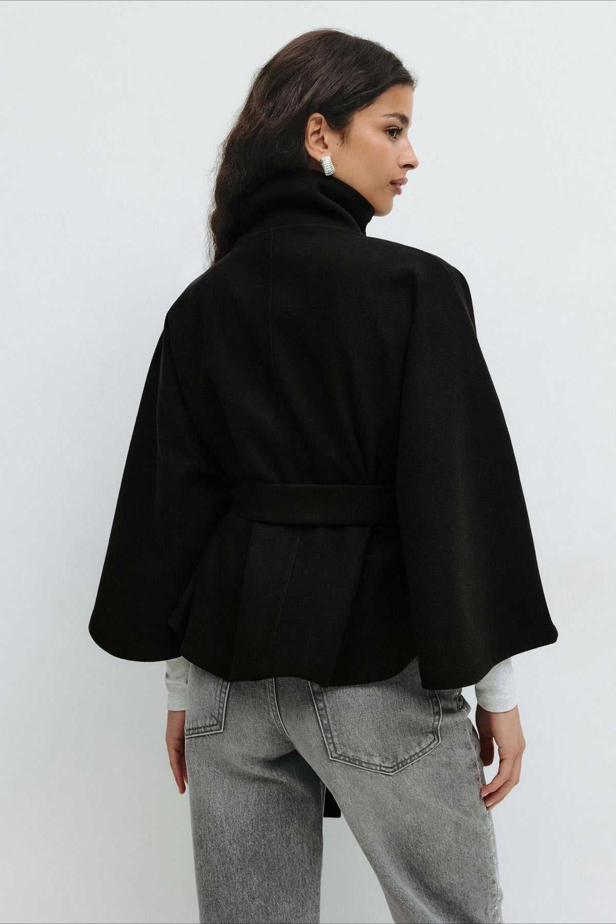 High Neck Button Detail Batwing Sleeve Coat