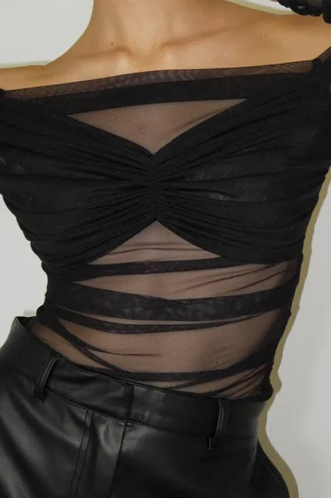 Off Shoulder Sheer Mesh Bodycon Long Sleeve Tee