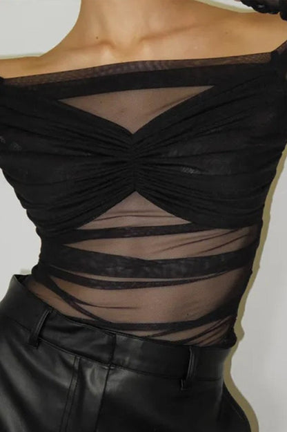 Off Shoulder Sheer Mesh Bodycon Long Sleeve Tee