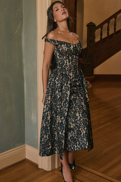 Off Shoulder Floral Lace Overlap Panel Fit and Flare Midi Dress