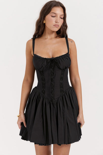 Ditsy Floral Square Neck Lace Trim Bustier Tiered Ruffle Hem Mini Dress