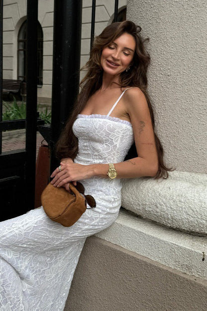 Lace Spaghetti Strap Ruffle Neck Mermaid Maxi Dress