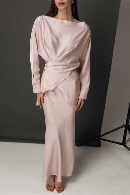 Solid Satin Cinched Waist Skirt Set