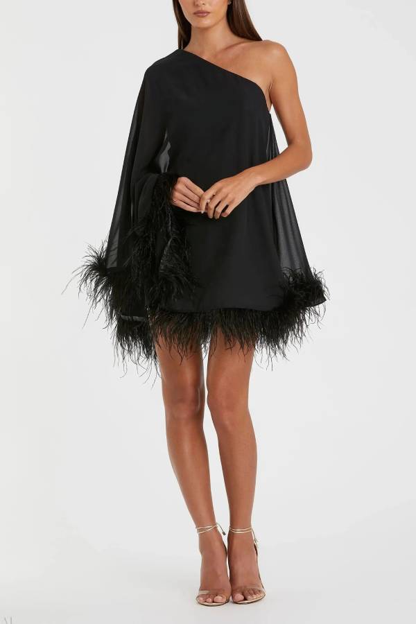 Black One Shoulder Trapeze Dress with Feather Trim