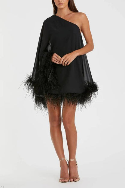 Black One Shoulder Trapeze Dress with Feather Trim