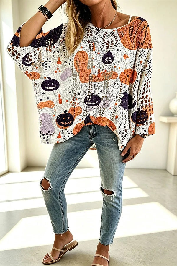 Halloween Pumpkin & Bat Hollow Out Knit Oversized Sweater