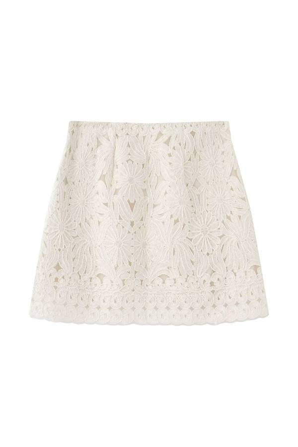 Pure White 3D Lace Embroidered High-Waisted Skirt