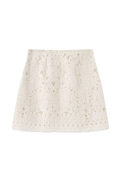 Pure White 3D Lace Embroidered High-Waisted Skirt