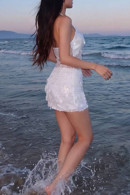 Halter Sequin Mesh Top + Sequin Bodycon Mini Skirt Two Piece Set