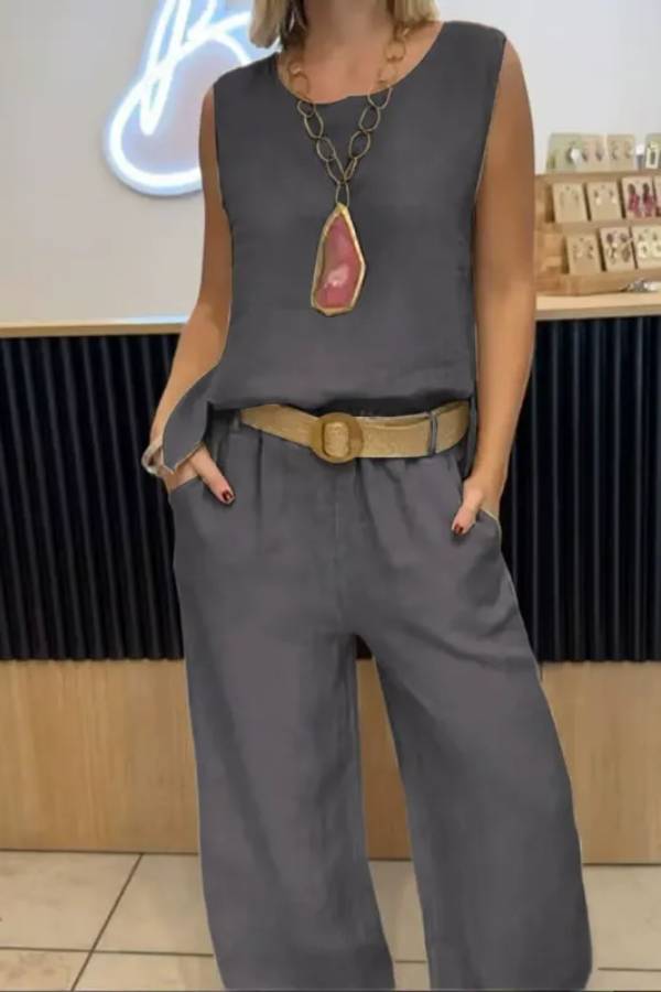 Cotton and linen solid color sleeveless trousers two-piece suit