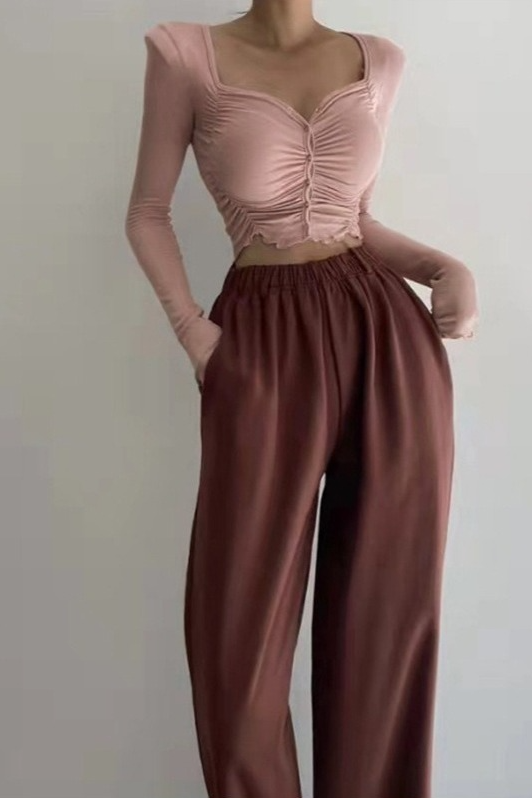 Ruffled Ruched Square Neck Padded Shoulder Slim Crop Top