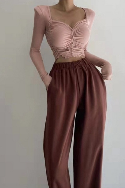 Ruffled Ruched Square Neck Padded Shoulder Slim Crop Top