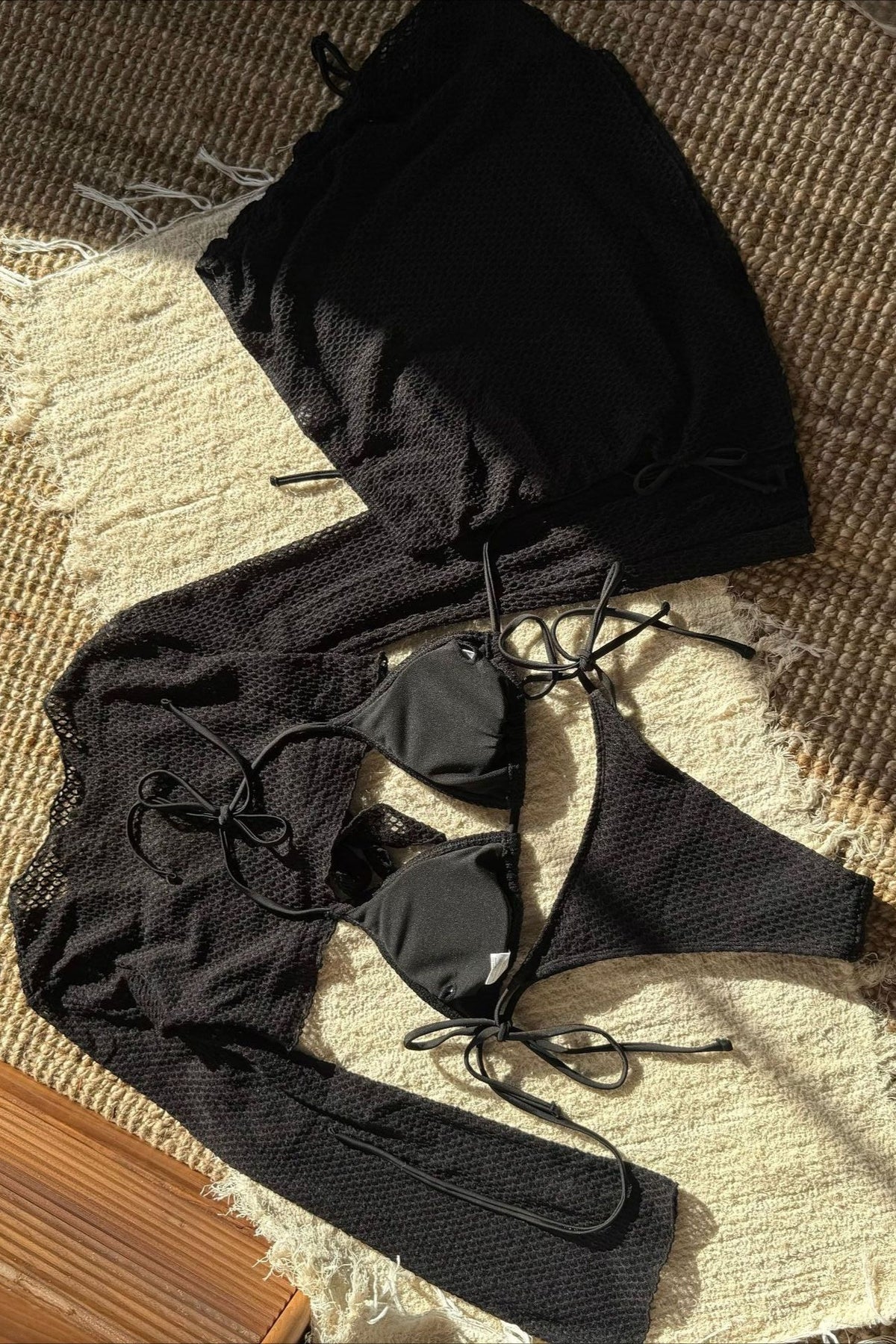 Solid Ruched Mesh Four Piece Swim Set
