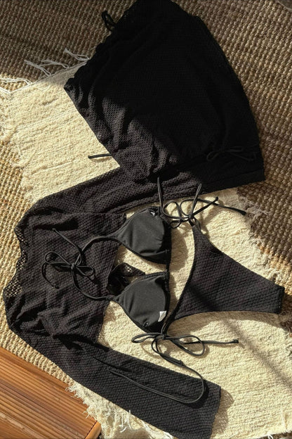 Solid Ruched Mesh Four Piece Swim Set
