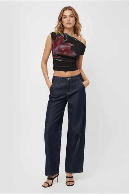 One Shoulder Mesh Ruched Printed Crop Top