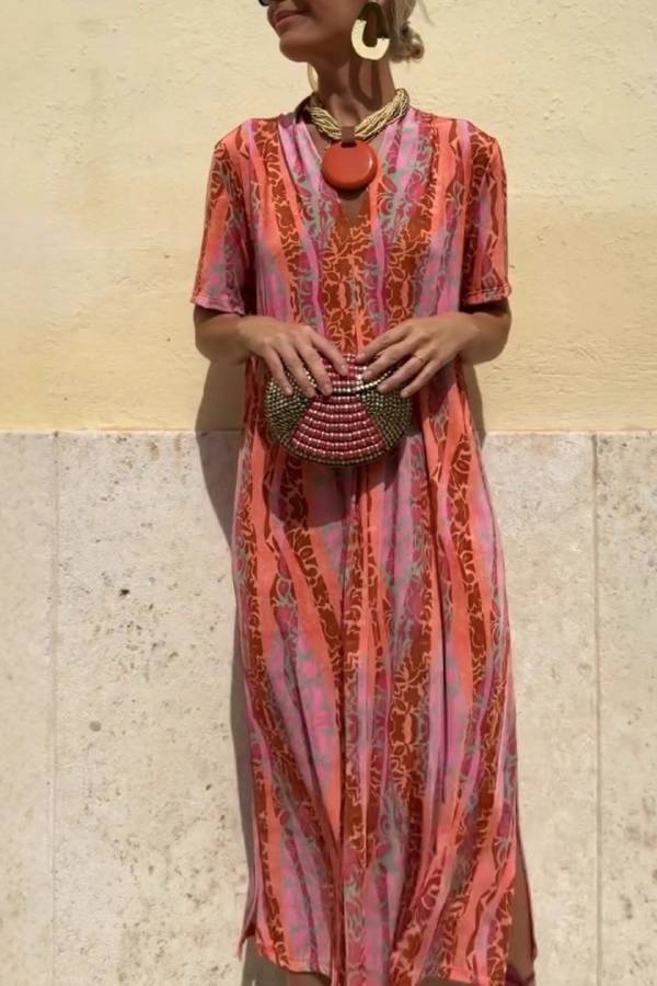 V-Neck Short Sleeve Printed Maxi Dress with Side Slit