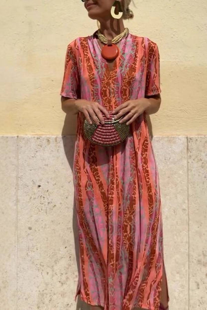 V-Neck Short Sleeve Printed Maxi Dress with Side Slit